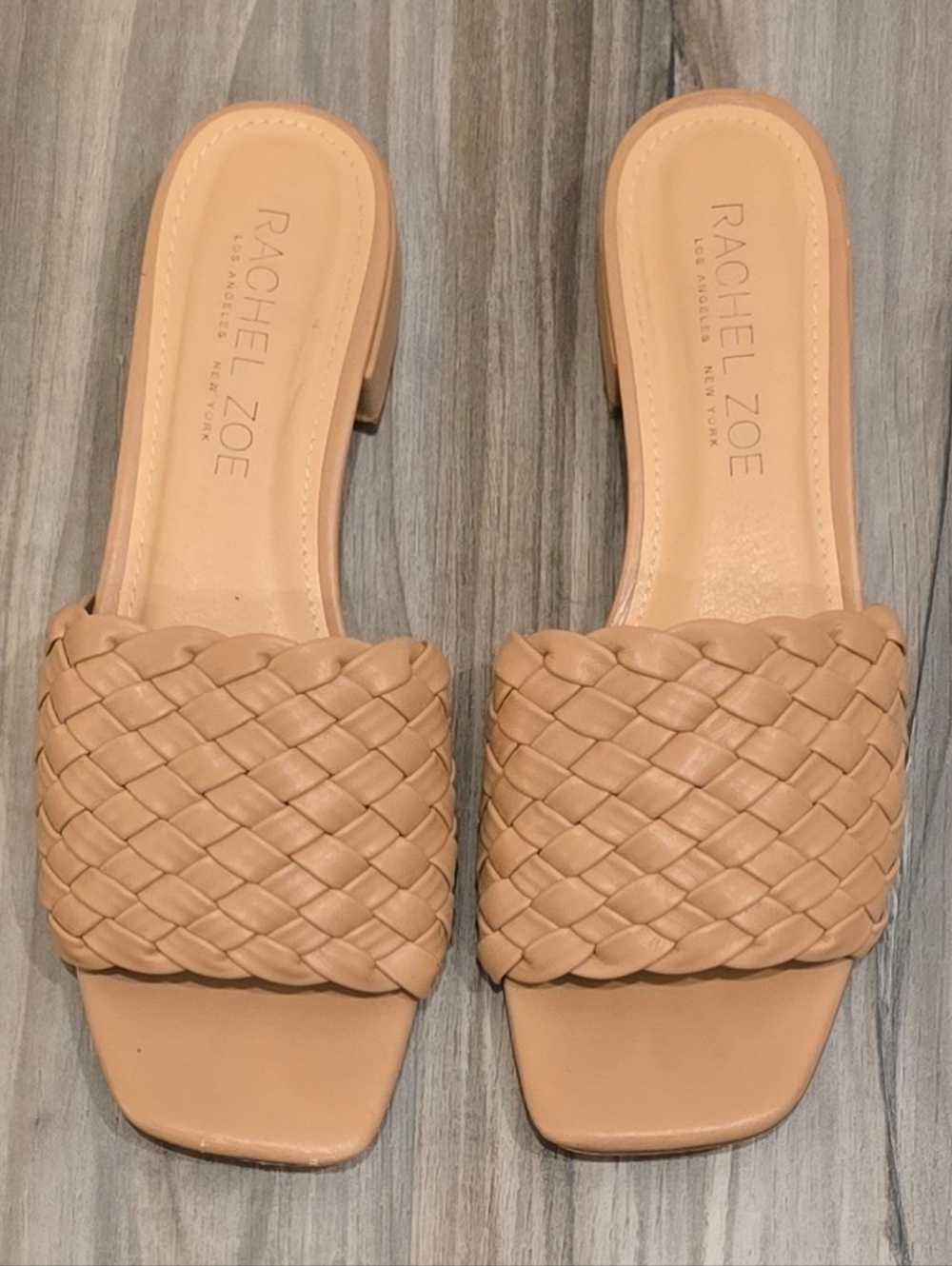Rachel Zoe Woven Slide Sandals Nude Beige Block Heel Slip On Shoes Size 6.5 - Picture 2 of 9